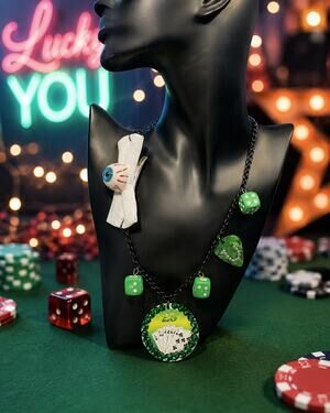 Las Vegas Handmade Statement Necklace Green Poker Chip Dice Eyeball Bow Gothic